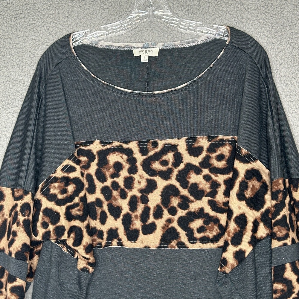 Umgee‎ USA Slouchy Tunic Top Size Large Leopard Print Colorblock Gray Oversized - Picture 2 of 10